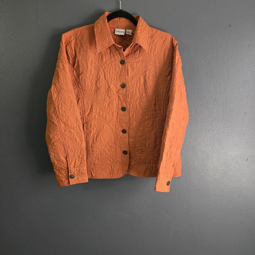 Chico's 1 Quilted Orange Lightweight Button-Down Jacket Medium